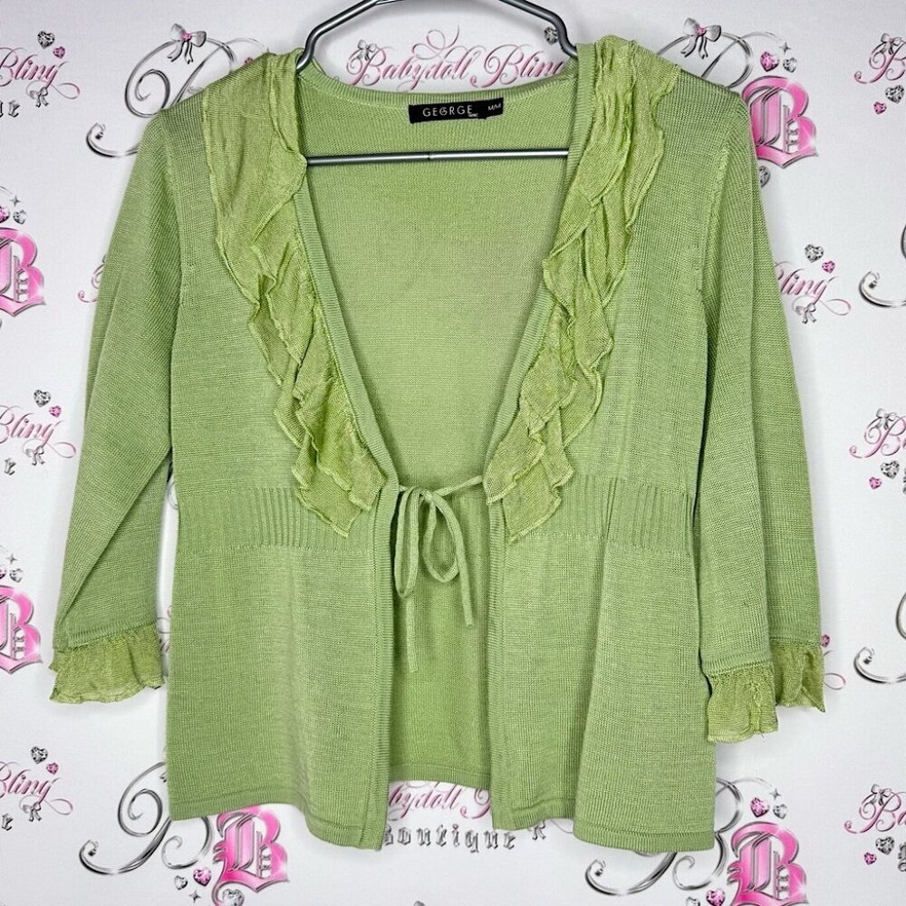 George cardigan ruffle frilly fibbon tie up Green Sweater